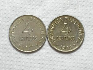 Portugal) 4 Centavos - 1917 + 1919 / 25mm / Mbc/S / Co/Ni / box63