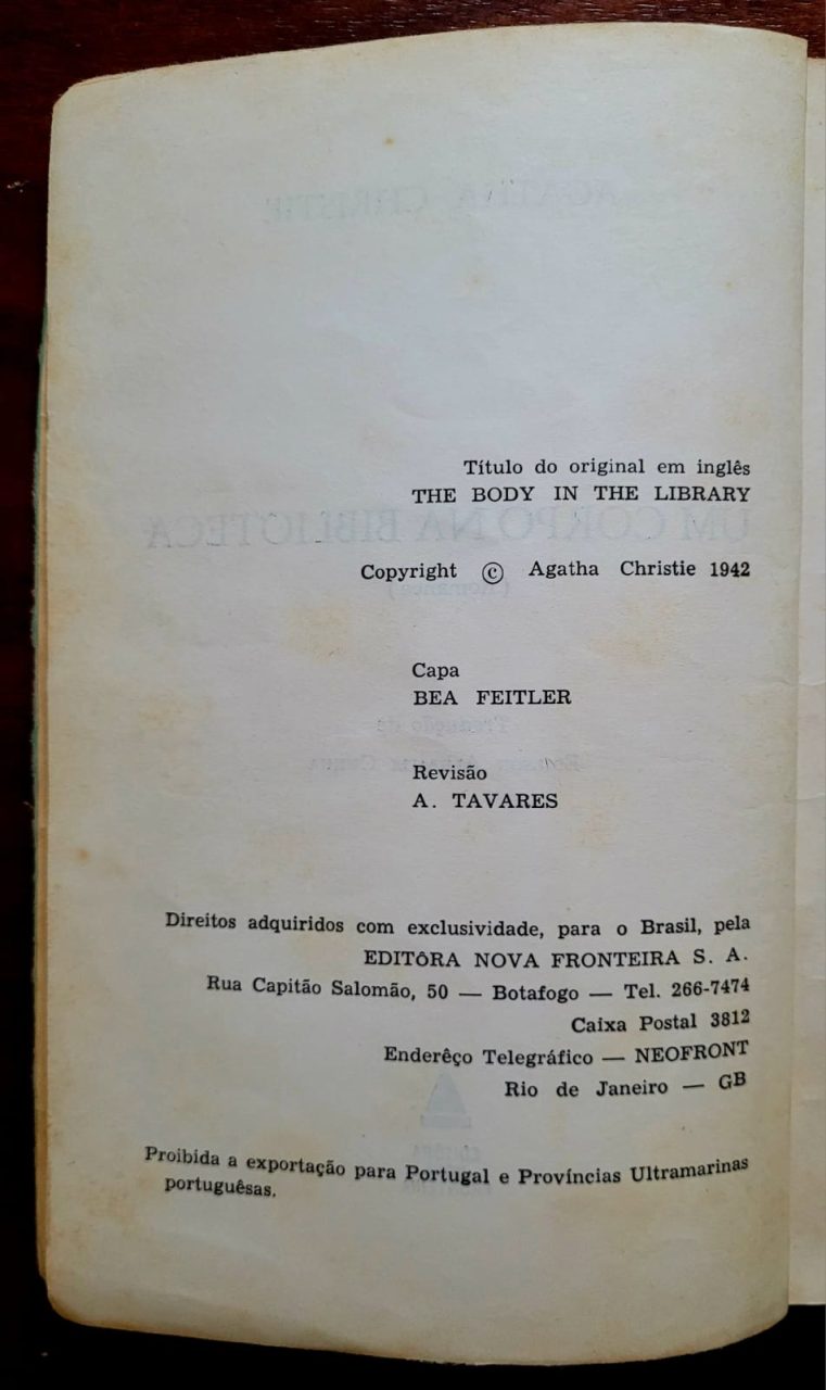 | Casa do Colecionador Livro Um Corpo na Biblioteca - Agatha Christie | Edição Antiga Nova Fronteira | Miss Marple |