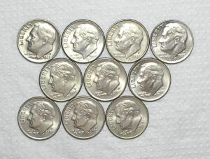 Usa) 10 Cents - Roosevelt Dimes, 10 moedas na série datas de 1980-p a 2002-d / Todas em excelente estado de conservação / m490
