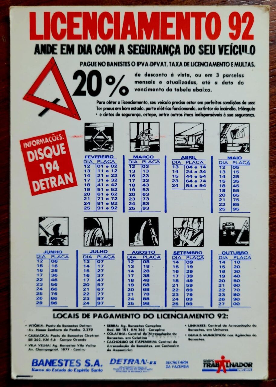 | Casa do Colecionador Calendário de Bolso (Tema Propaganda - Bancos) Banestes e Detran-ES - Ano 1992