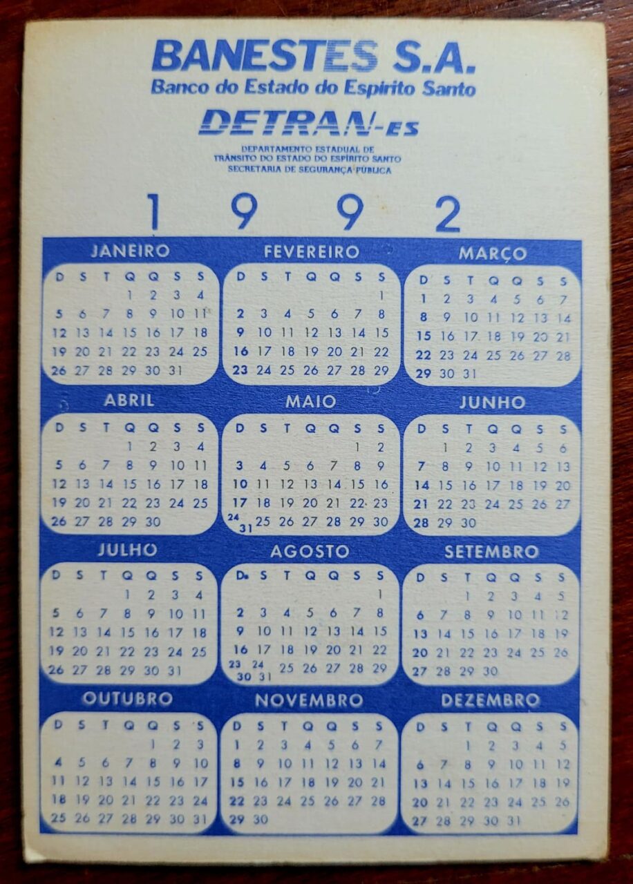 | Casa do Colecionador Calendário de Bolso (Tema Propaganda - Bancos) Banestes e Detran-ES - Ano 1992