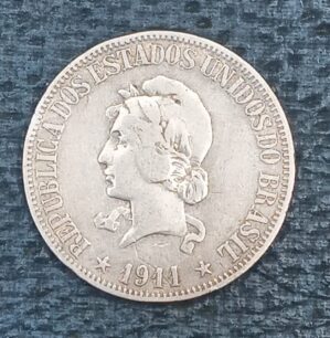 MOEDA DE PRATA, BRASIL, 1º REPÚBLICA, 1911, 1000 RÉIS, ORDEM E PROGRESSO-X GRAMAS, 10gr