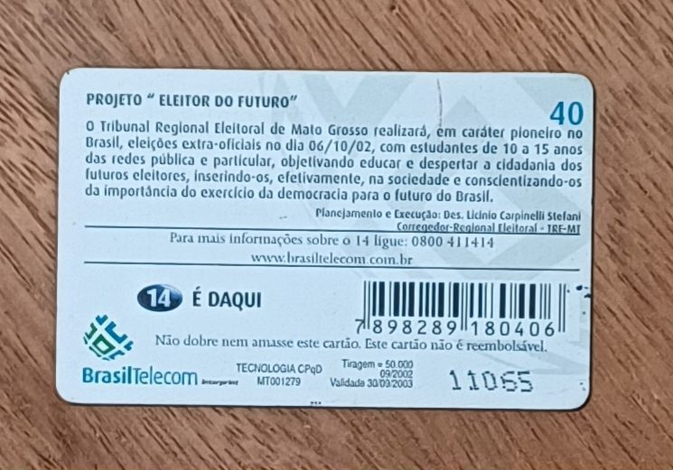 | Casa do Colecionador Cartão telefone Brasil Telecom Mt 2002. Eleitor do futuro Estudantes.
