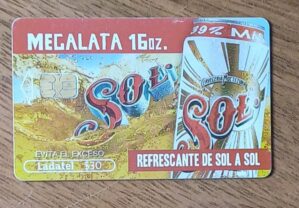 Cartão telefone México Ladatel. Mídia cerveja Sol mega lata.