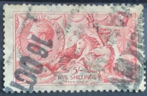 GRÃ BRETANHA - selo stamp Scott #180 5p Britannia Rule The Waves, Wmk 34, usado, 1919, 11x12