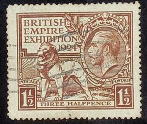 GRÃ BRETANHA - selo stamp Scott #186 1 1/2 p BRITISH EMPIRE EXHIBITION 1924, Wmk 35 , 14