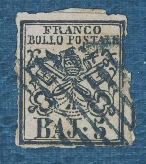 ITALIA - ESTADO PAPAL - selo stamp Scott #6 5Baj BRASÃO 1852 Unwmk
