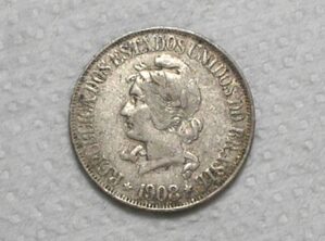 500 Réis - 1908 / Réis sem Acento - pequeno arranhão acima da letra E / República / Mbc / Prata / Cod.Alb