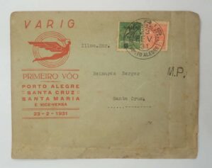 BRASIL- AÉREO- VARIG - Envelope PRIMEIRO VÔO - PORTO ALEGRE - SANTA CRUZ - SANTA MARIA SELO RHM #V06 + 200reis 1931
