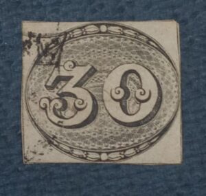 BRASIL- IMPÉRIO - SELO RHM #1A - 30rs - OLHO DE BOI, 1843