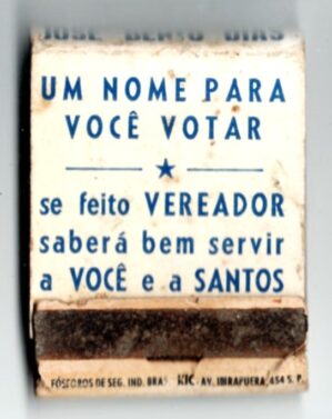 Caixa De Fosforos Vereador Jose Bento Dias - Santos SP - Anos 50 - Filuminismo