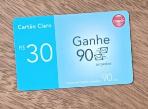 Cartão telefone Brasil Claro recarga de 30. 90 torpedos.