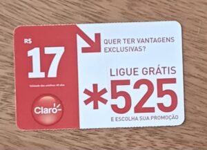 Cartão telefone Brasil pre pago Claro. De 17 e ligue grátis 525.