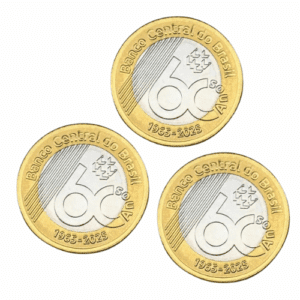 Kit 3 Moedas 1 Real 60 Anos Banco Central 2025 FC. Retiradas do Sachê