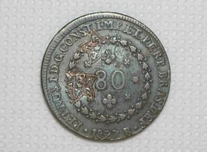 80 Réis - 1827-R / Legítimo Duplo Carimbo do Ceará / 24 Tulipas / Coroa sem forro / Florões Obliquos / Soberba / Raro no estado - Rarissimo exemplar / cod.820