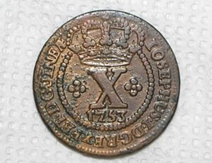 X Réis - 1753 / Cunhadas para o Brasil e Guiné / Rex.Pet.D.Guinéae / 49 Pérolas / Mbc / Escassa / Cobre / cod.420