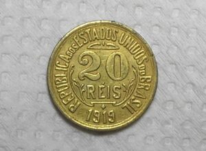 20 Réis - 1919 / Ensaio - Liga Bronze Aluminado - amarelada / Sob/Flor / Rara / m550