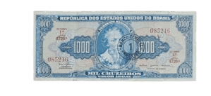 1000 Cruzeiros com carimbo de 1 Cruzeiro Novo Sku 2407
