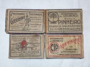 CAIXA DE FÓSFOROS VINTAGE DAS MARCAS PINHEIRO, CAÇADOR, LIBERTADOR e GUERREIRO - FILUMENISMO