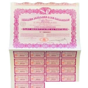 Apólice Francesa 1928, Banque d'Alsace & de Lorraine Com Cupons Título ao Portador. Raridade