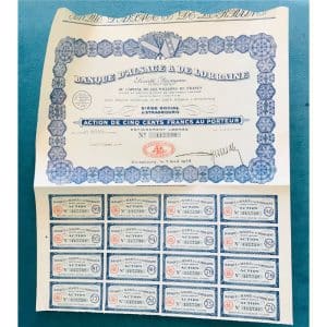 Apólice Francesa 1928, Banque d'Alsace & de Lorraine Com Cupons Título ao Portador. Raridade