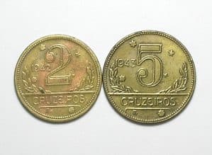 2 Cruzeiro - 1942 + 5 Cruzeiros - 1943 / Mapa do Brasil / Primeiras da série - Peças dificeis