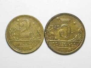 2 Cruzeiro - 1942 + 5 Cruzeiros - 1943 / Mapa do Brasil / Primeiras da série - Peças dificeis