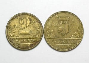 2 Cruzeiro - 1942 + 5 Cruzeiros - 1943 / Mapa do Brasil / Primeiras da série - Peças dificeis