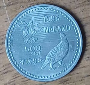 Moeda Japão 1998 500 Yen jogos olímpicos de Nagano