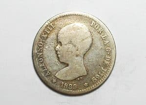 Espanha) 1 Peseta - 1889 (89) / Alfonso XIII / Escassa / Prata / M600